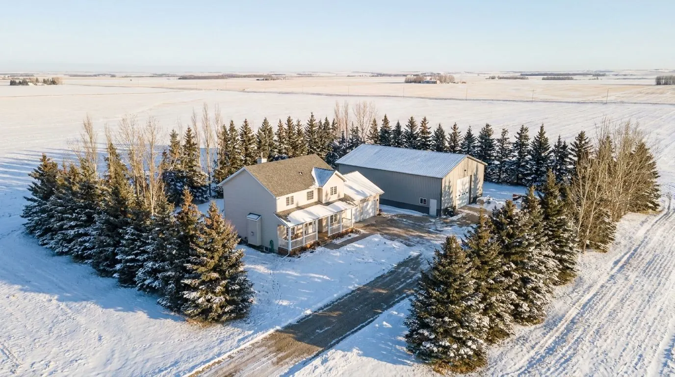 A rural acreage in winter with a two-storey house, a steel-clad shop and a line of shelterbelt trees across snowy fields.