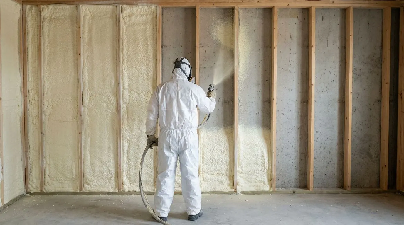 An installer in a respirator and white coveralls sprays pale yellow foam onto a concrete basement wall between new wood studs, with the bays to the left already filled.