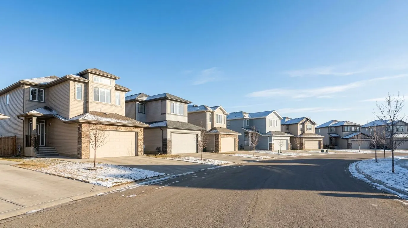 A curving street of two-storey suburban homes with front attached garages and bonus rooms above them, under a big prairie sky.
