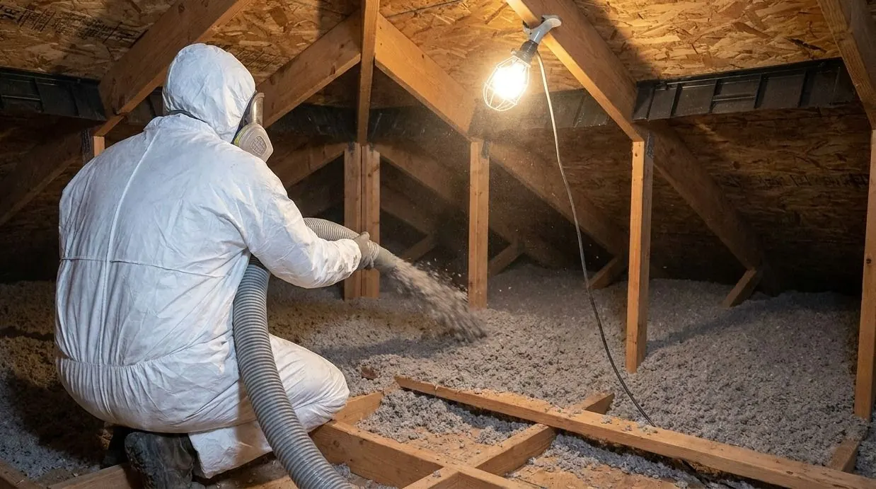 An installer in a respirator kneels on a truss in an attic and directs a thick hose that blows grey loose-fill insulation across the attic floor.