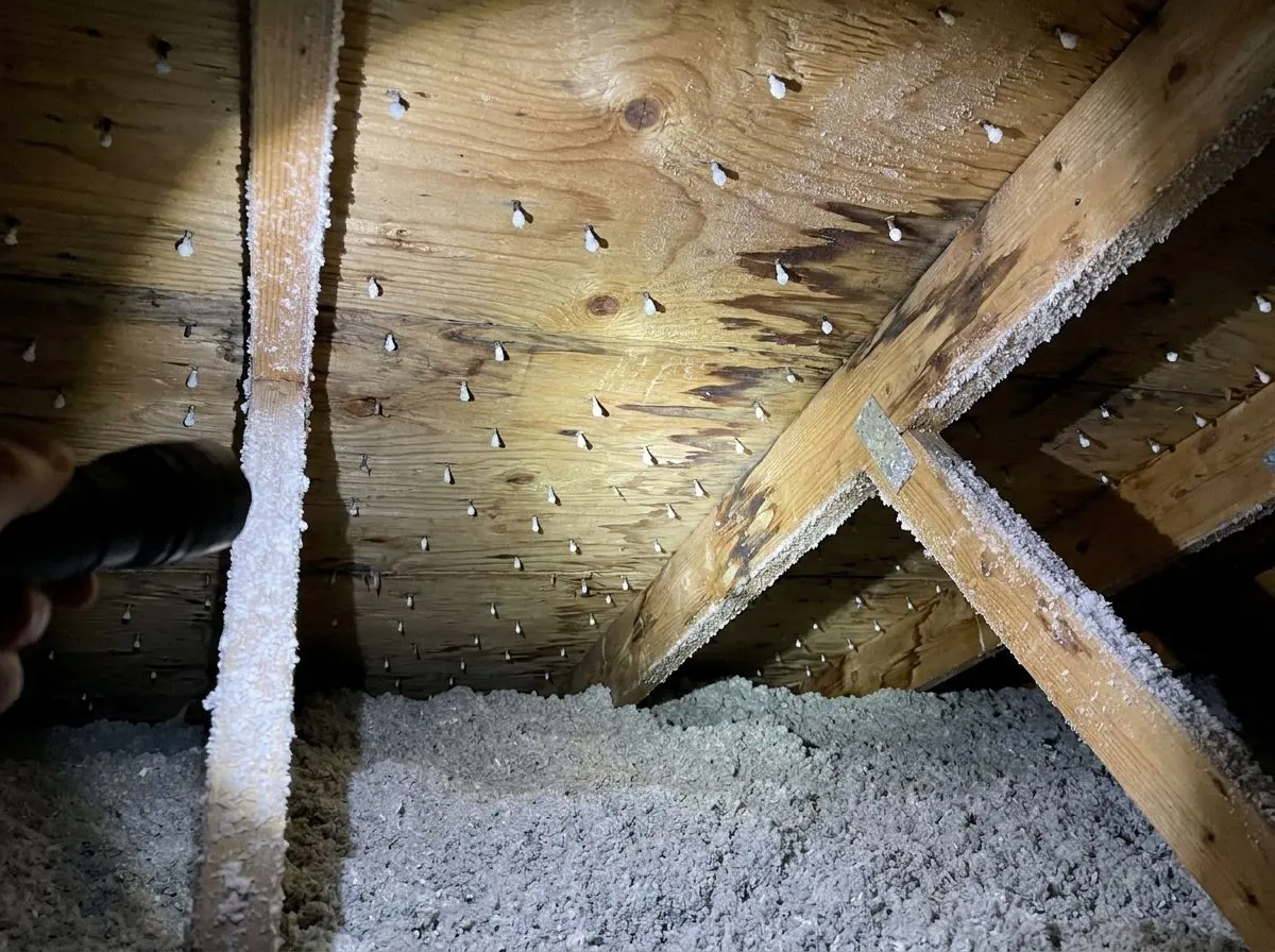 White frost coats the nail tips and framing on the underside of roof sheathing in a cold attic, lit by a flashlight.