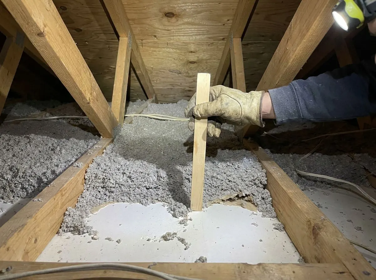A gloved hand holds a plain measuring stick upright in thin, uneven attic insulation between wood trusses, lit by a headlamp.