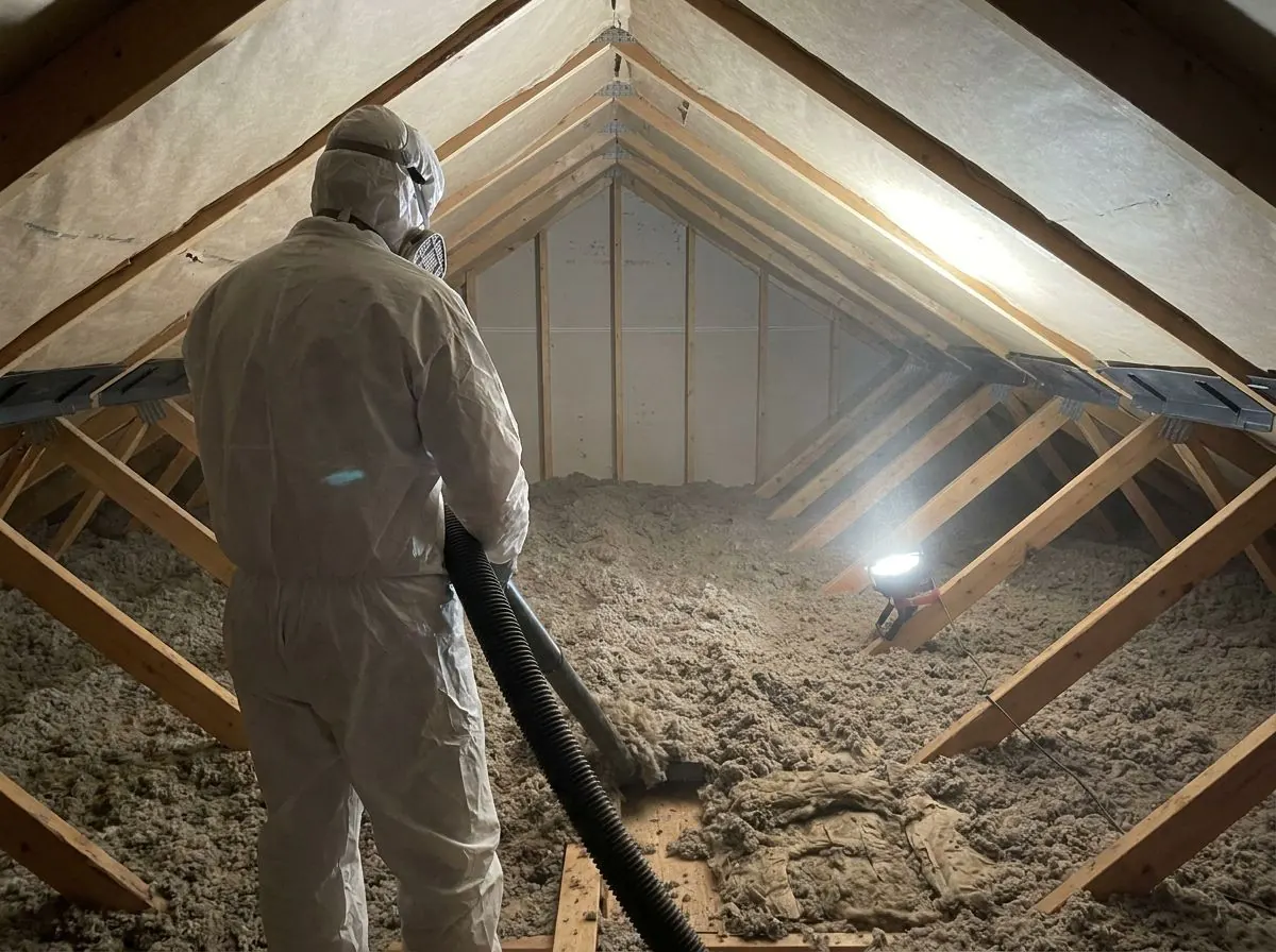 An installer in a respirator and white coveralls uses a large vacuum hose to remove old, dirty loose-fill insulation from an attic floor.