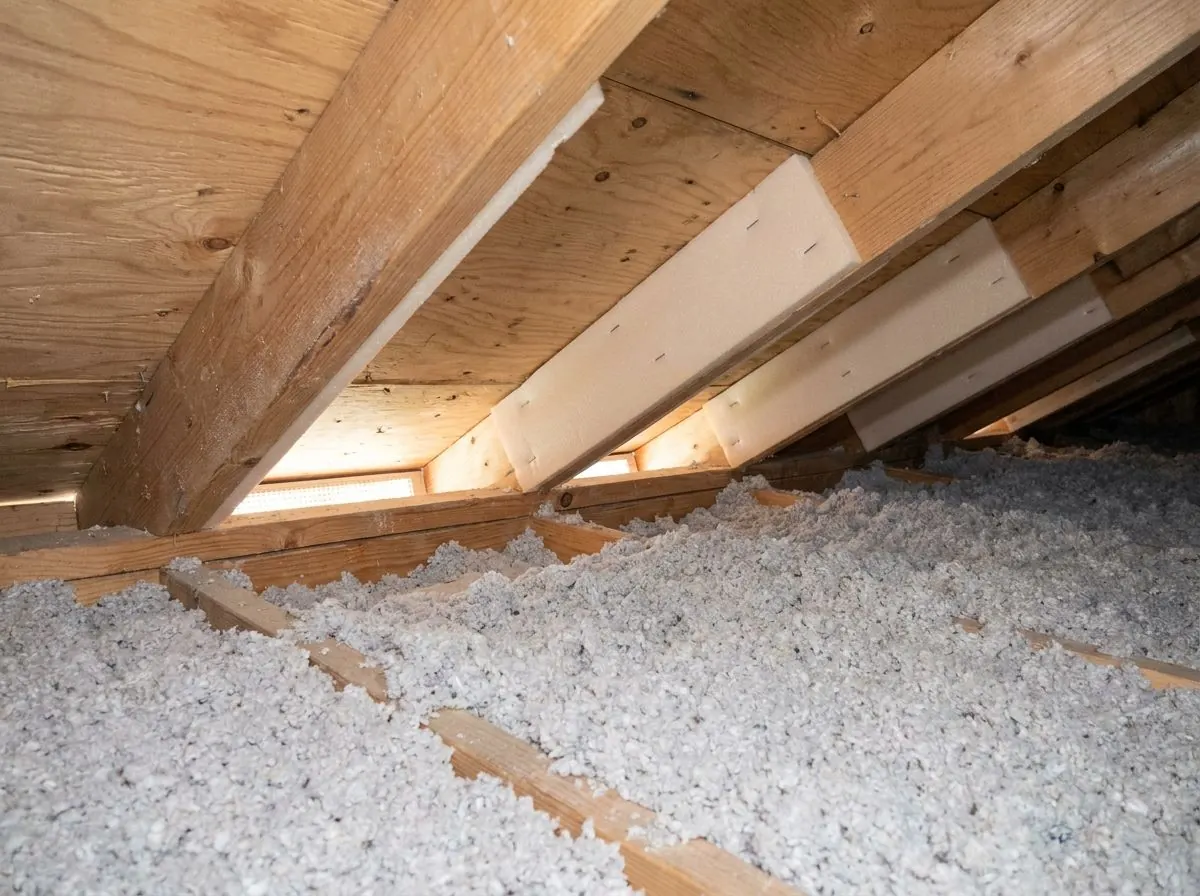Rigid baffles stapled between rafters at the low edge of an attic keep a clear air channel open from the soffit above the insulation.