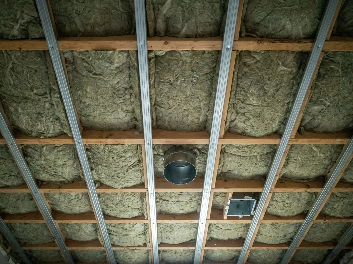 A basement ceiling with grey stone wool batts filling the joist bays and thin metal resilient channels screwed across the joists.