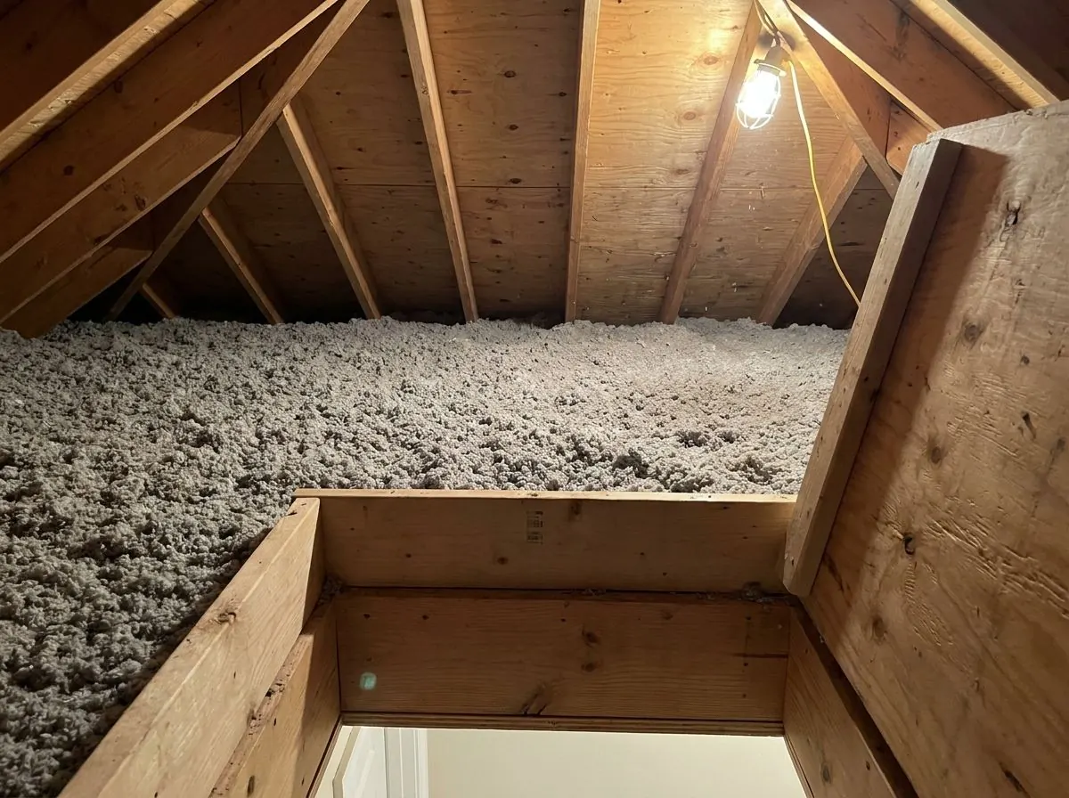 A thick grey cellulose layer covers an attic floor evenly up to the tops of the truss chords, with a wooden hatch dam in the foreground.