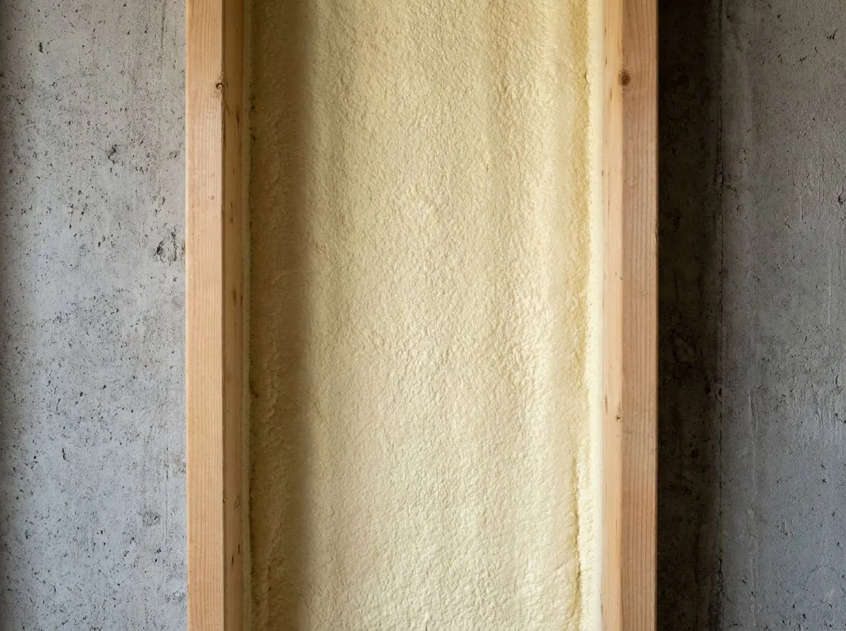 Close view of a flat, rough layer of pale yellow closed-cell spray foam bonded to a concrete basement wall between two wood studs.