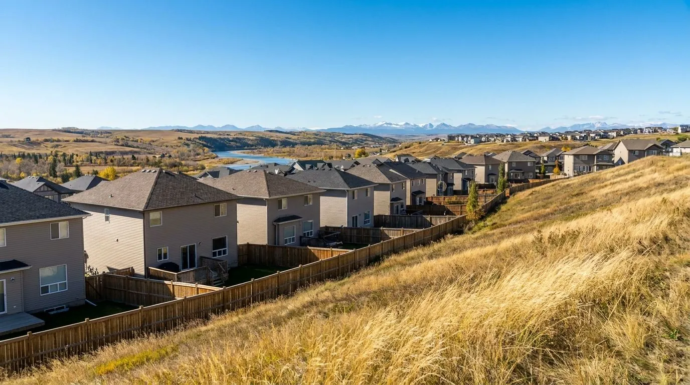 Suburban homes stepping up a hillside above a river valley, with the Rocky Mountain foothills and snow-capped peaks in the distance.