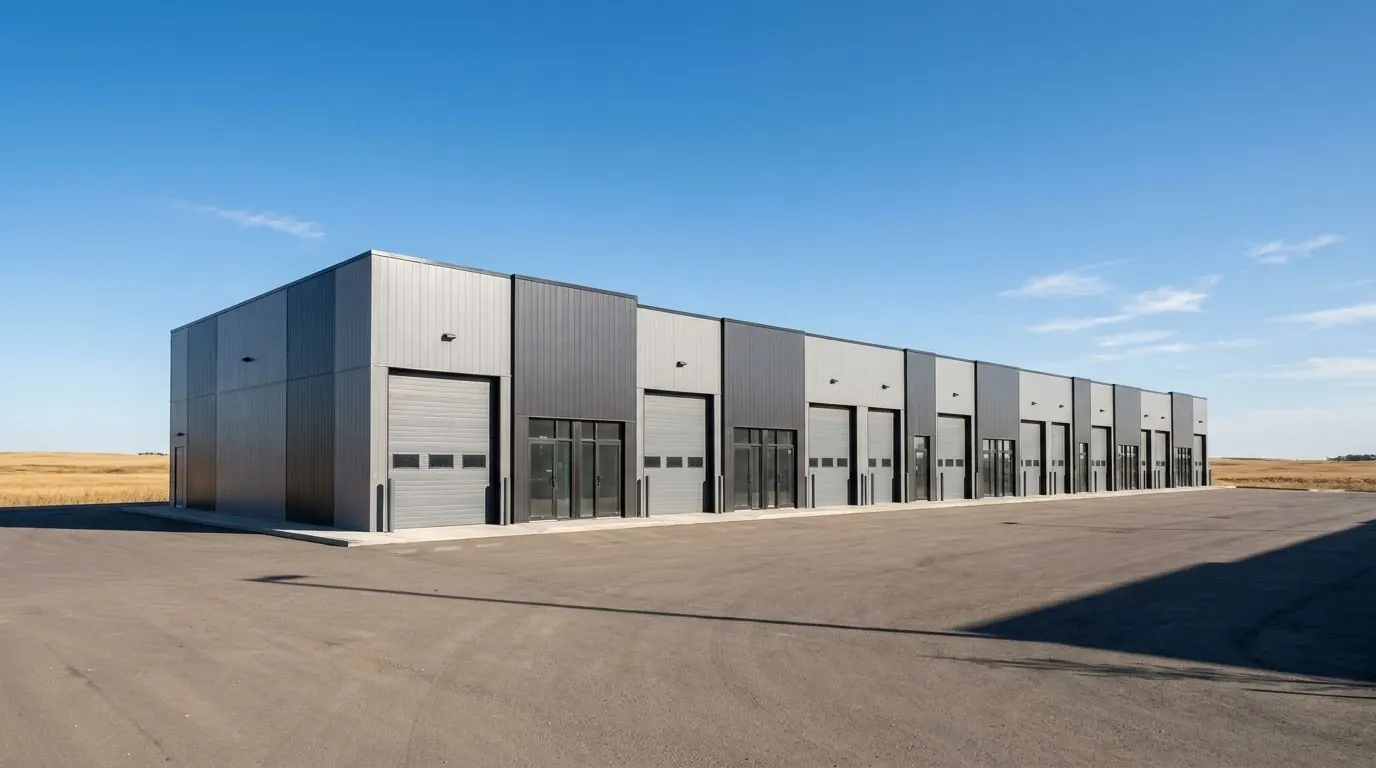 A row of modern single-storey commercial bays with overhead doors and metal panel cladding on a sunny day, with open prairie behind.