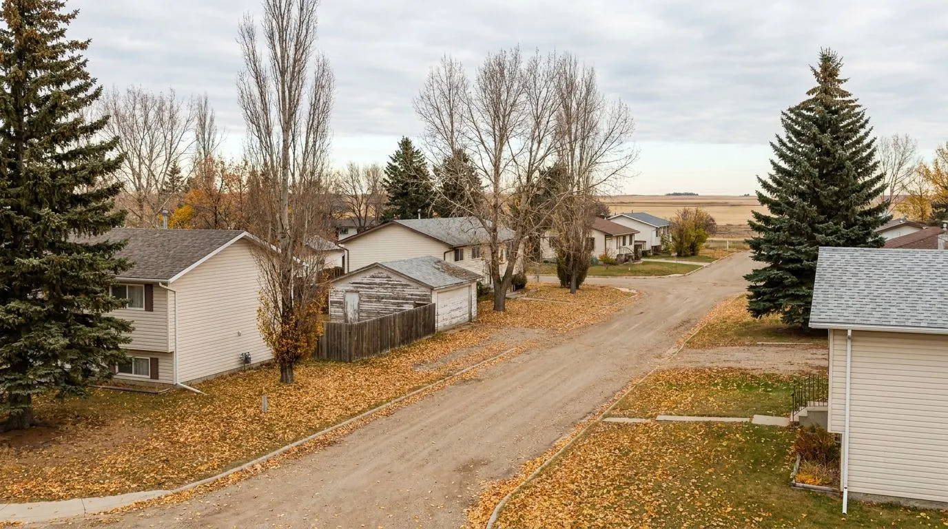 A quiet small-town Alberta street with older bi-level homes, mature spruce and poplar trees, and a weathered detached garage.