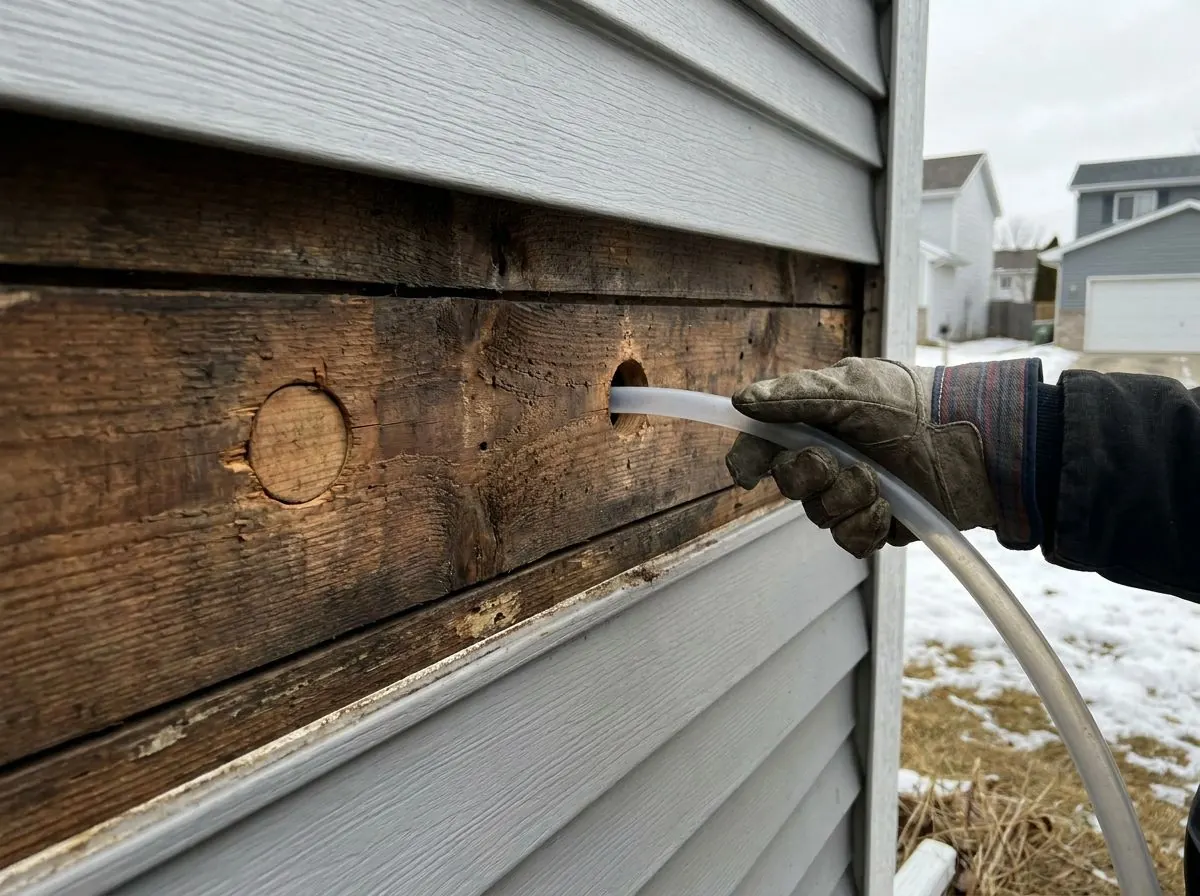 On an older house with a strip of siding removed, a gloved hand feeds a fill tube into a hole drilled in the plank sheathing, next to a plugged hole in the neighbouring stud bay.