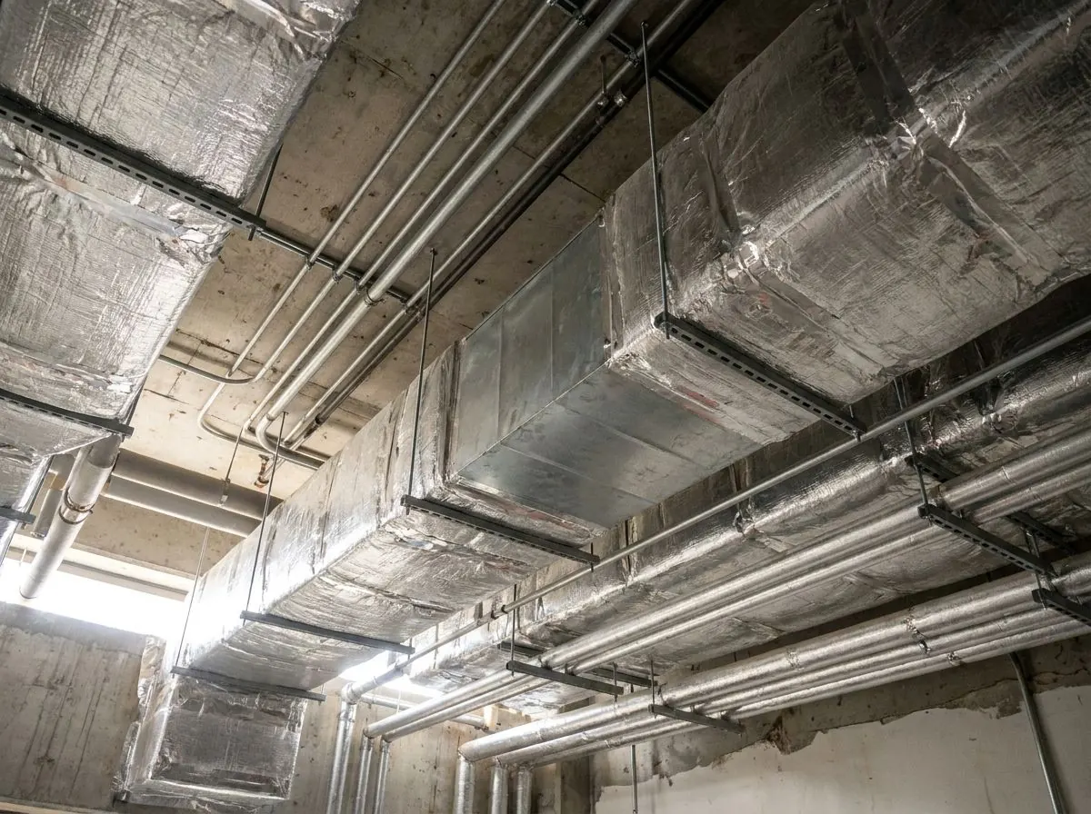 Rectangular sheet-metal ducts wrapped in insulation with a foil facing and taped seams run across a commercial mechanical room ceiling.