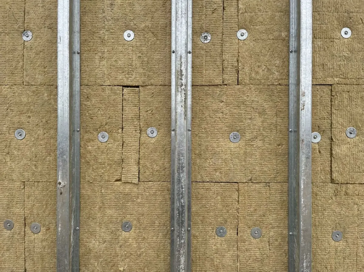 Rigid mineral wool boards fastened tight over a commercial wall with washers and screws, and vertical metal girts screwed through them ready for cladding.