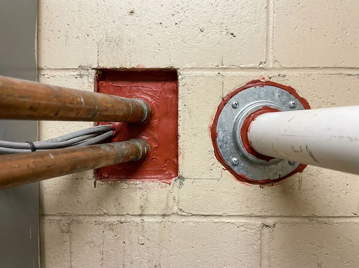 Metal pipes and cable bundles passing through a concrete block wall, with the gaps packed and sealed with red firestop sealant.