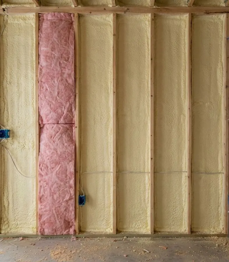 Exterior wall bays coated with yellow spray foam on the sheathing, with a pink fibreglass batt fitted into one bay over the foam.