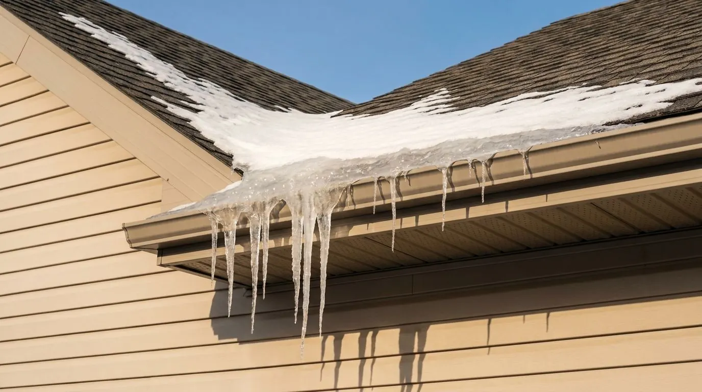 A thick ridge of ice and long icicles along the snow-covered eave of an Airdrie home.