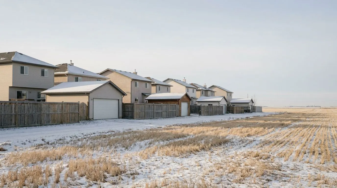 A row of homes with detached garages at the edge of a small prairie town, with flat fields stretching to the horizon.