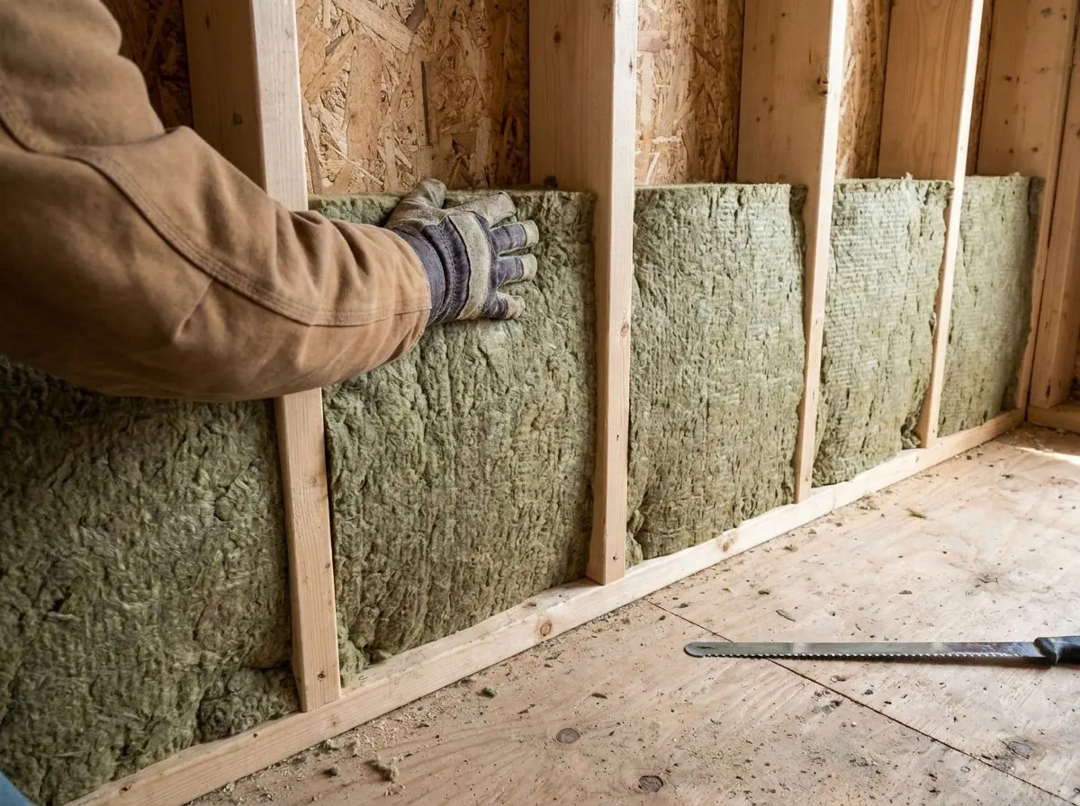 A gloved hand fits a dense, greenish-brown mineral wool batt into a 2x6 exterior wall bay; a serrated knife lies on the sill plate.