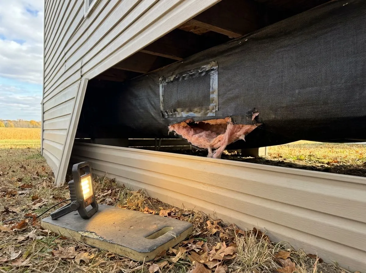 Looking under a manufactured home past the skirting on an acreage: a tear in the black belly wrap lets pink insulation hang down, next to an older taped patch.