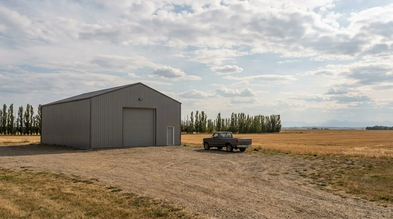 A large steel-clad post-frame shop with a tall overhead door on a flat prairie acreage, grain fields and a big sky behind it.
