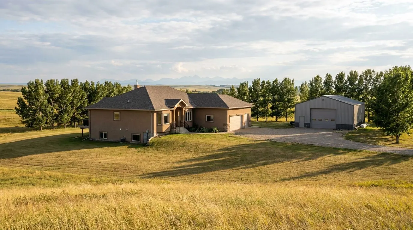 A large acreage home and a steel-clad shop on rolling grassland, with shelterbelt trees and the foothills on the horizon.