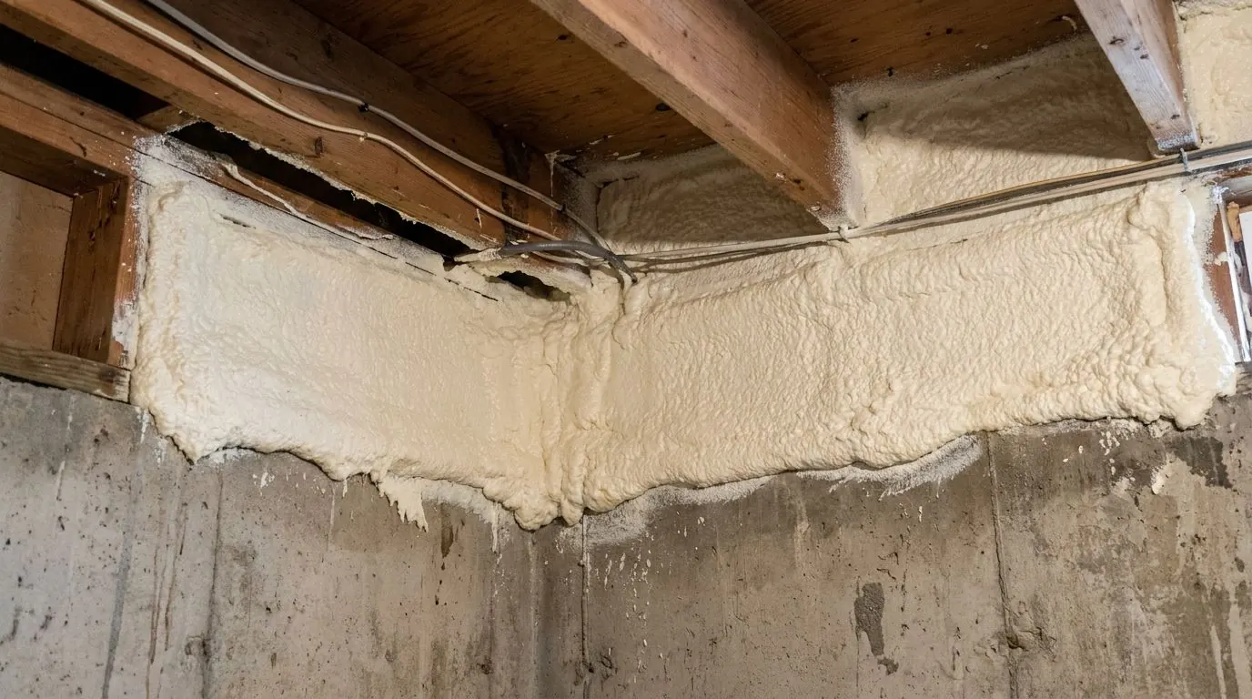 Pale yellow closed-cell spray foam covering the rim joists and the top of a concrete foundation wall in a basement corner, below the floor joists.
