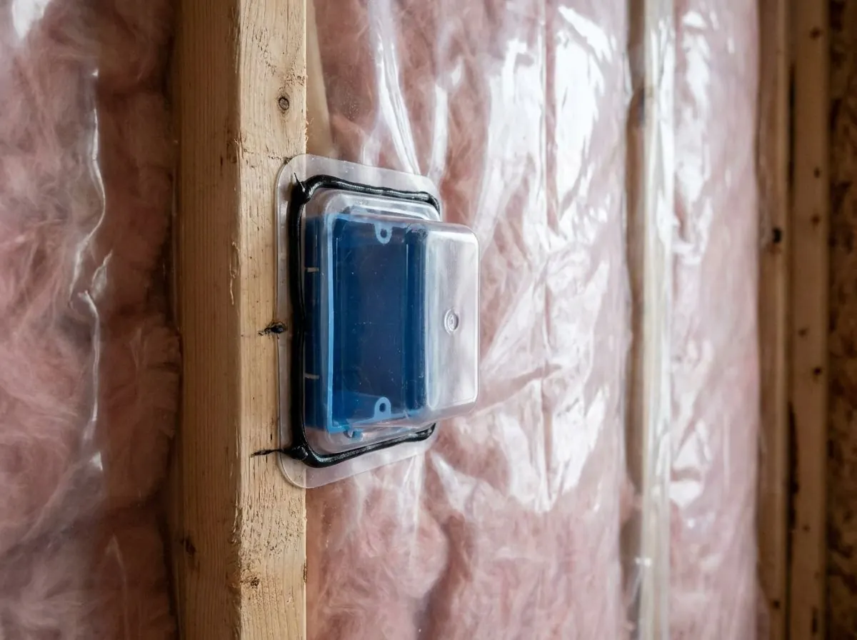 Close view of an electrical box inside a clear plastic vapour hat, with the poly vapour barrier sealed to the hat's flange by a black sealant bead.