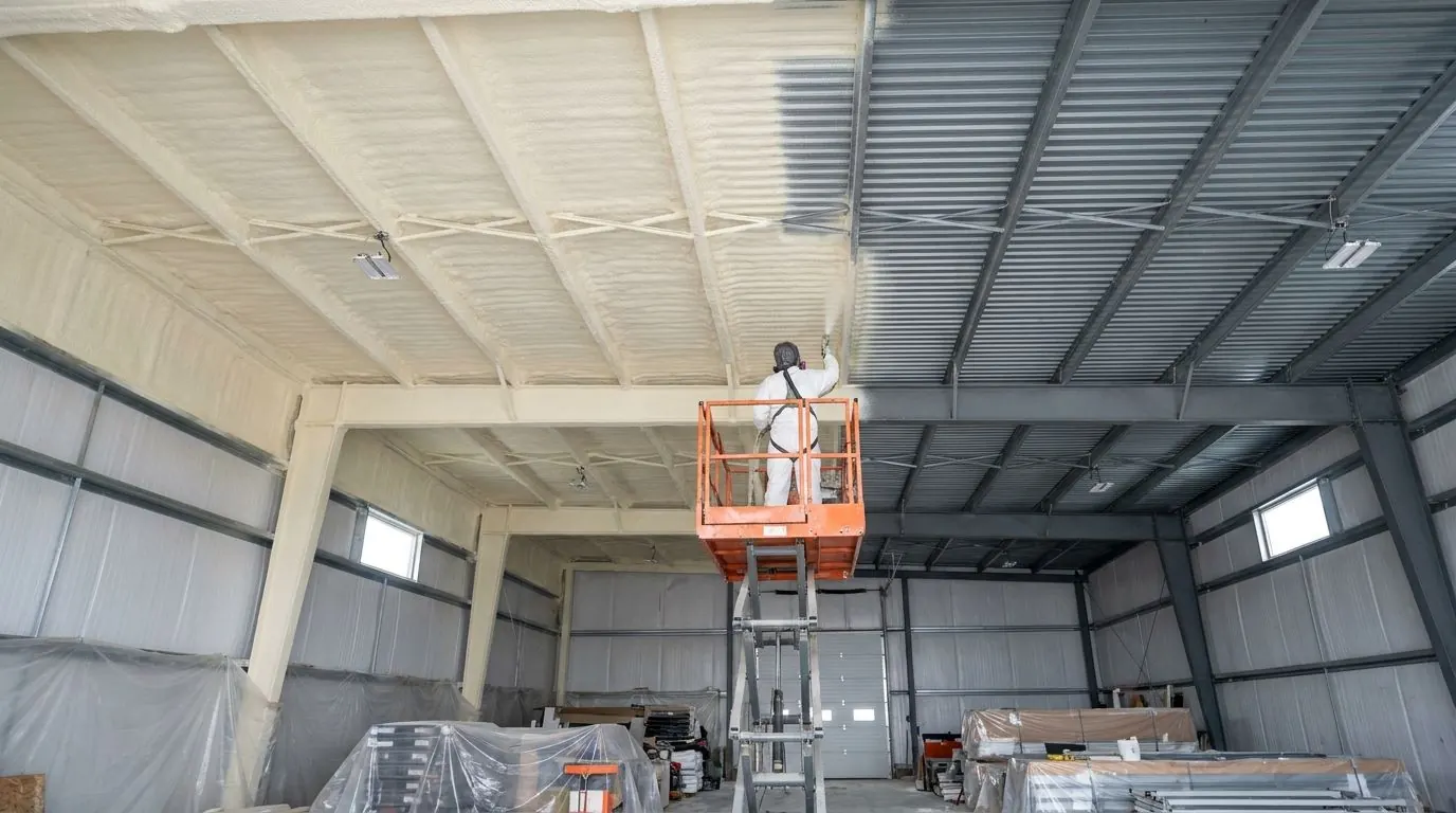 From a scissor lift, an installer in a respirator sprays foam onto the underside of a corrugated steel roof inside a large warehouse bay.