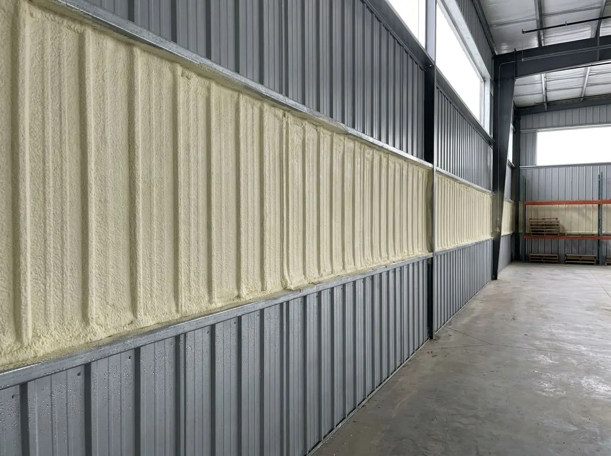 The inside of a steel warehouse wall with a band of pale yellow spray foam between two girts; the corrugated panels above and below are still bare, with condensation on the lower steel.